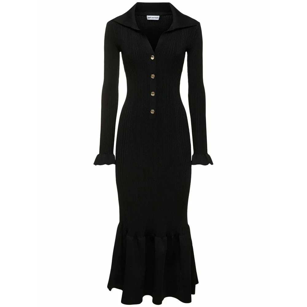 NWT Self-Portrait Black Ribbed Knit Fluted Midi Dress $555 - Size Small - Picture 5 of 16
